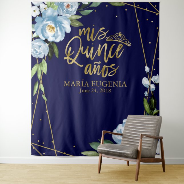Quinceanera Gold Foil Dark Blue Floral Backdrop Tapestry (In Situ)