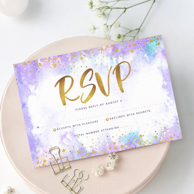 Quinceañera Gold Foil Purple Watercolor Elegant RSVP Card (Creator Uploaded)