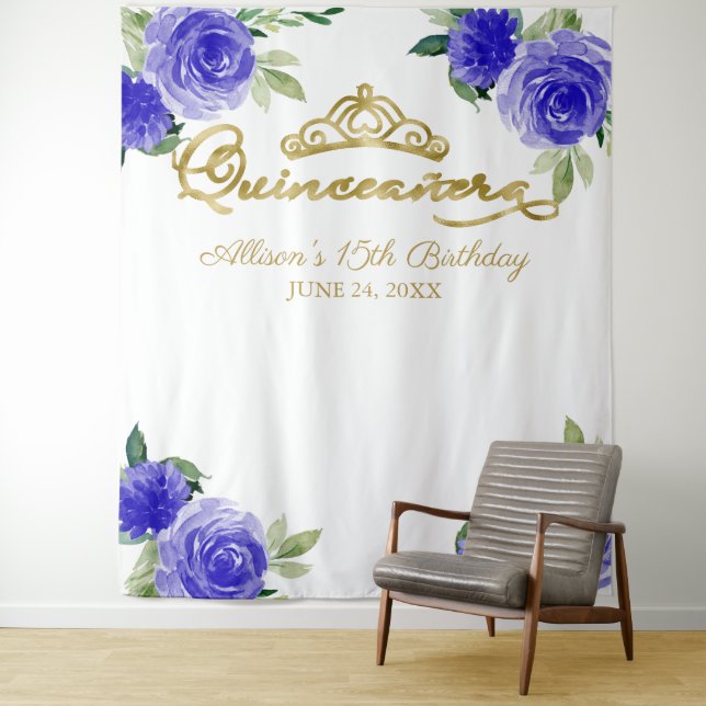 Quinceanera Gold Foil Tiara Blue Floral Backdrop Tapestry (In Situ)