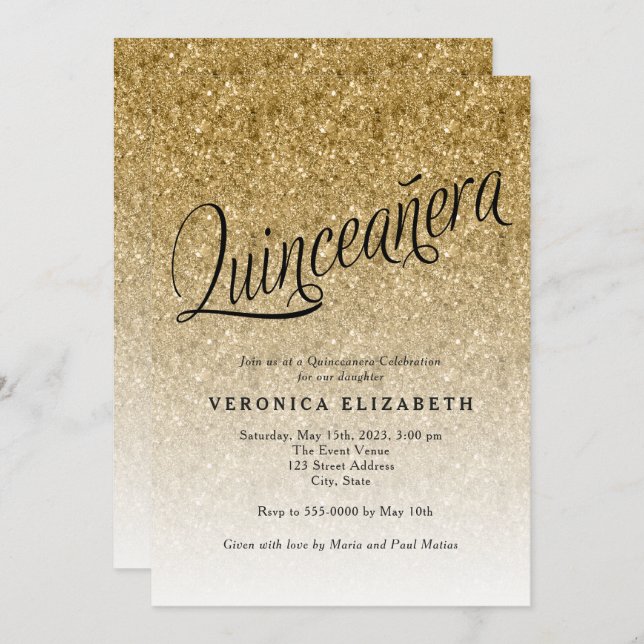 Quinceanera Gold Glitter Birthday Invitation (Front/Back)