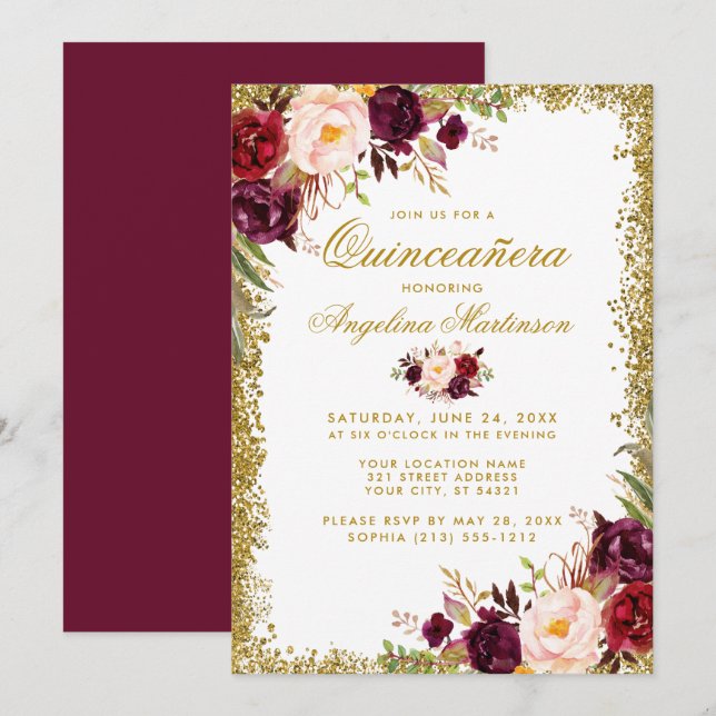 Quinceanera Gold Glitter Burgundy Floral Invite B (Front/Back)
