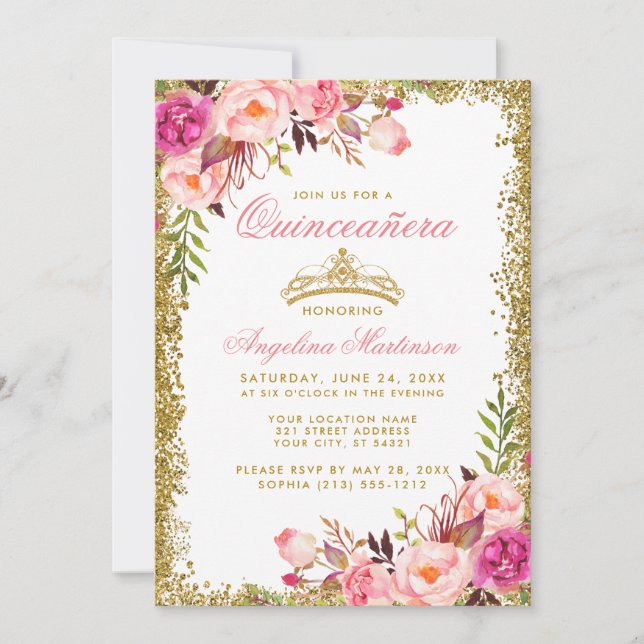 Quinceanera Gold Glitter Crown Pink Floral Invitation (Front)