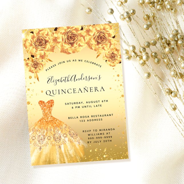 Quinceanera gold  glitter dress floral glamourous invitation (Creator Uploaded)