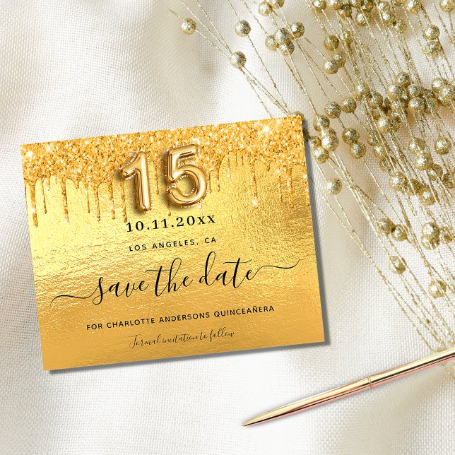 Quinceanera gold glitter drip save the date card (Creator Uploaded)