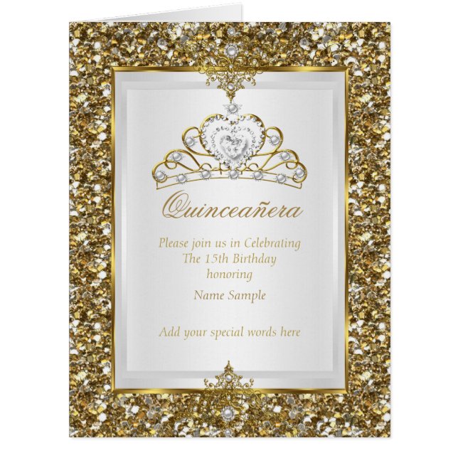 Quinceanera Gold Glitter White Pearl Tiara Photo (Front)