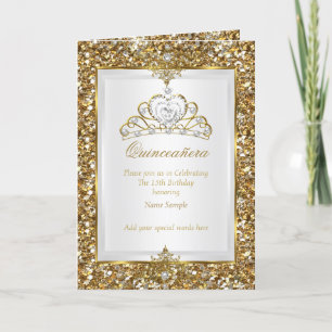 Quinceanera Gold Glitter White Pearl Tiara Photo Invitation