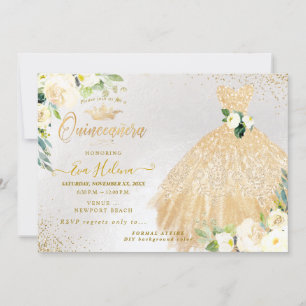 Quinceañera, Gold Glitters Gown Cream Roses Invitation