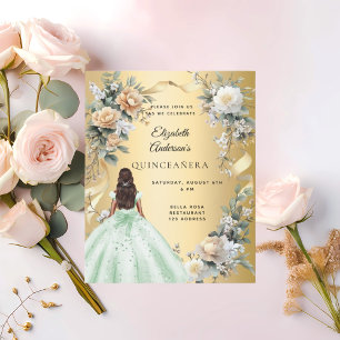 Quinceanera gold green dress florals invitation