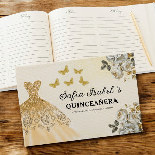 Quinceañera Gold Princess Floral Butterflies Guest Book