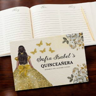 Quinceañera Gold Princess Floral Butterflies Guest Book