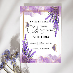 Quinceañera gold Purple lavender Floral Butterfly Save The Date
