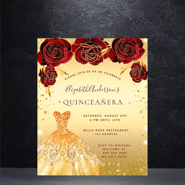 Quinceanera gold red glitter dress floral budget flyer (Creator Uploaded)