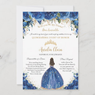 Quinceañera Gold Royal Blue Floral Dama Request  Invitation