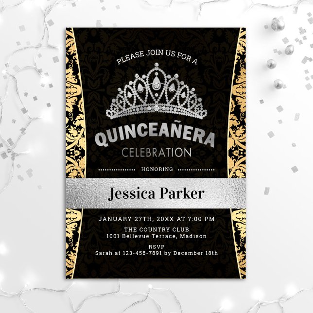 Quinceanera Gold Silver Black Invitation (Creator Uploaded)