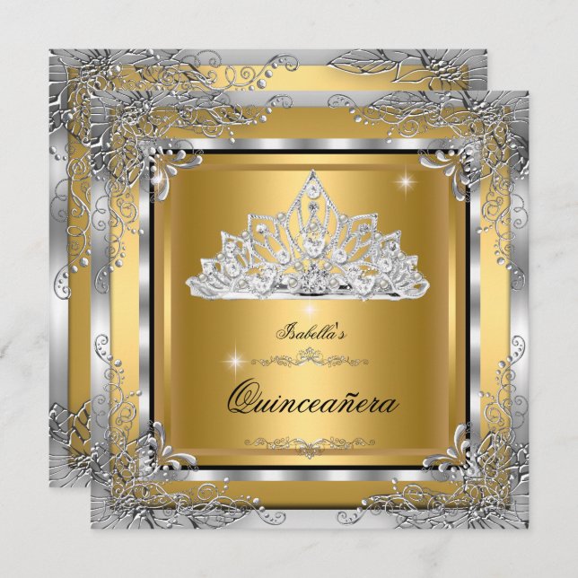 Quinceanera Gold Silver Diamond Tiara 15th Party Invitation (Front/Back)