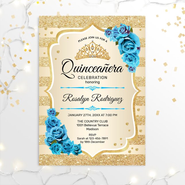 Quinceanera - Gold Stripes Blue Invitation (Creator Uploaded)