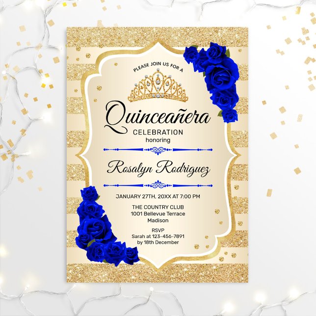 Quinceanera - Gold Stripes Royal Blue Invitation (Creator Uploaded)