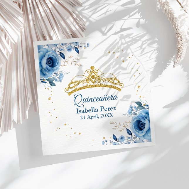 Quinceanera Gold Tiara Glitter and Blue Floral Napkin (Quinceanera Gold Tiara Glitter and Blue Floral Napkins on a sunny table with white boho dry flowers)