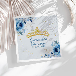Quinceanera Gold Tiara Glitter and Blue Floral Napkin
