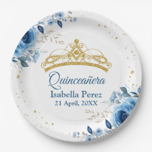 Quinceanera Gold Tiara Glitter and Blue Floral Paper Plate