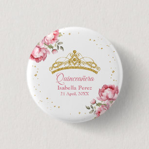 Quinceanera Gold Tiara Glitter and Pink Floral 3 Cm Round Badge