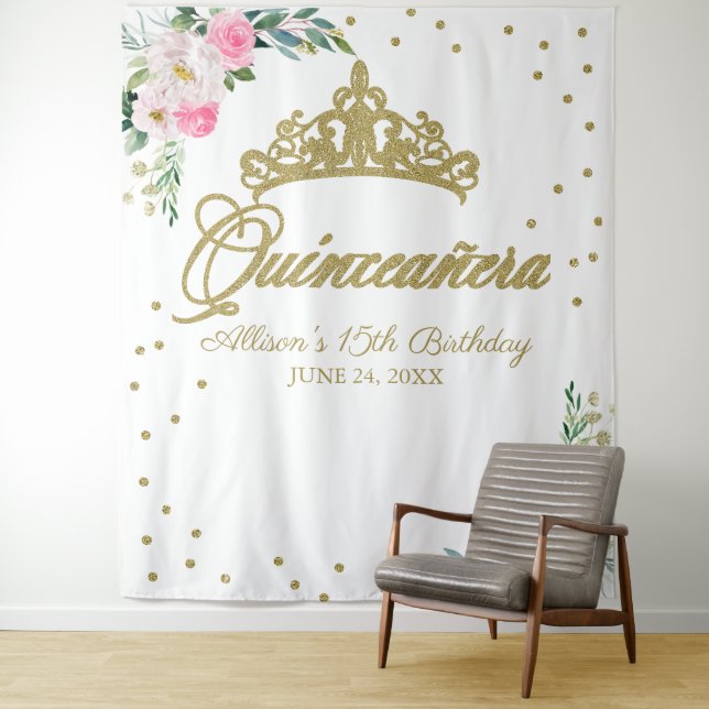 Quinceanera Gold Tiara Hot Pink Floral Backdrop Tapestry (In Situ)