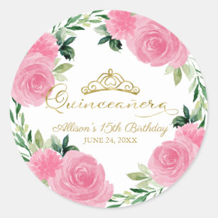 Quinceanera Gold Tiara Hot Pink Floral Classic Round Sticker