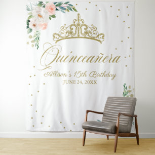 Quinceanera Gold Tiara Pink Floral Backdrop Tapestry