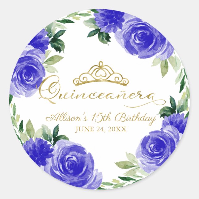 Quinceanera Gold Tiara Royal Blue Floral  Classic Round Sticker (Front)