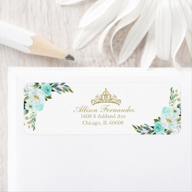 Quinceanera Gold Tiara Teal Floral Return Address Label (Insitu)