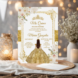 Quinceanera Gold & White Floral Birthday Crown Invitation