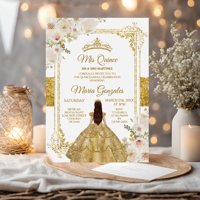 Quinceanera Gold & White Floral Birthday Crown Invitation (Creator Uploaded)