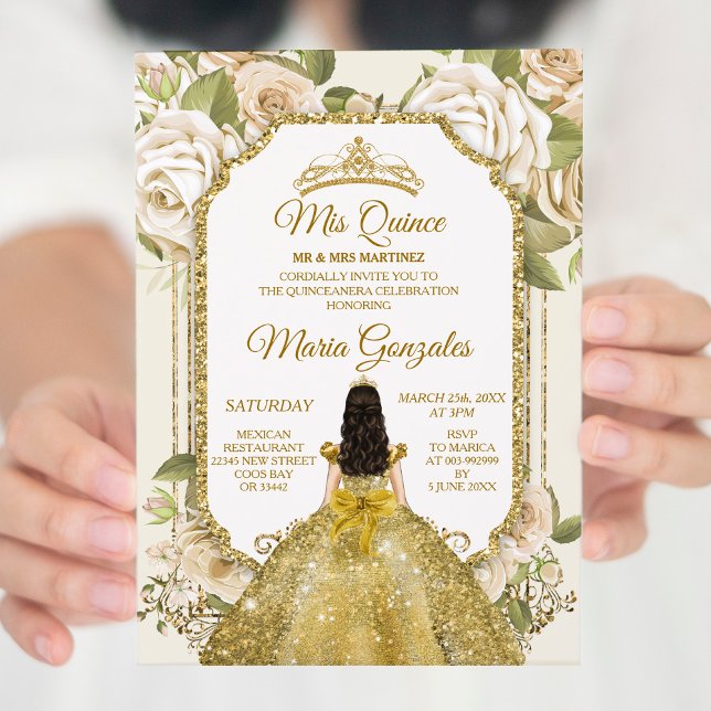 Quinceanera Gold & White Floral Birthday Crown Invitation (Creator Uploaded)