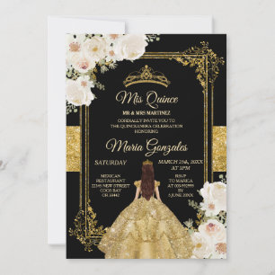 Quinceanera Gold & White Floral Birthday Crown Invitation