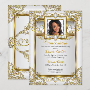 Quinceanera Gold White Pearl Damask Photo Birthday Invitation
