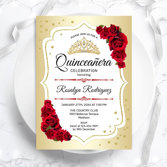 Quinceanera - Gold White Red Invitation (Creator Uploaded)