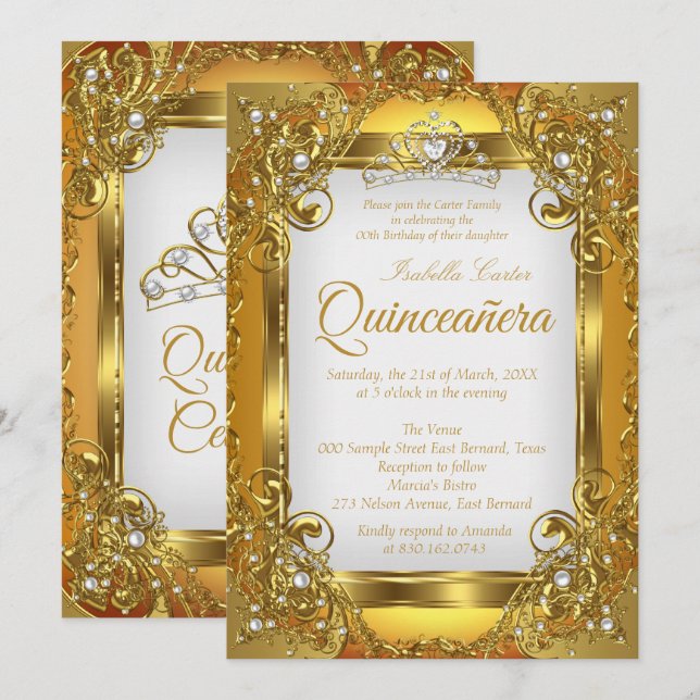 Quinceanera Golden White Pearl Lace Tiara Party Invitation (Front/Back)