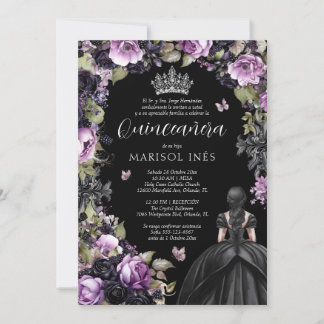 Quinceañera Gótica Morada y Negra con Flores Moody Invitation