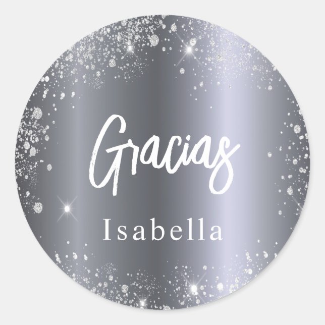 Quinceanera gracias silver glitter name classic round sticker (Front)