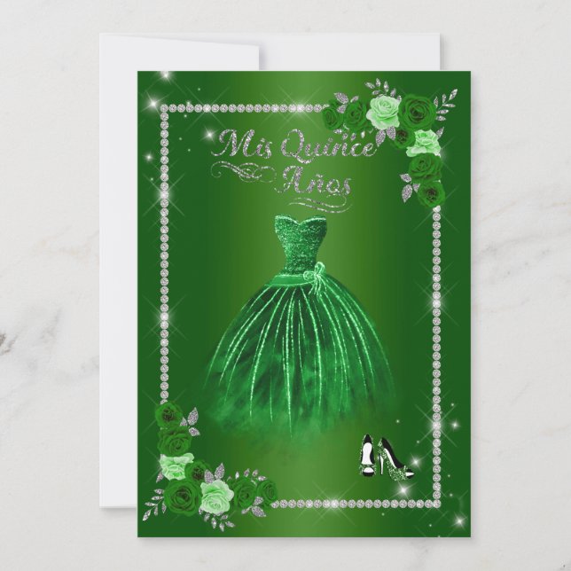 Quinceanera Green and Silver Floral Elegant Invitation (Front)
