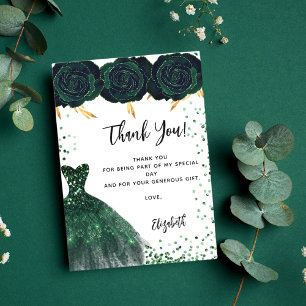 Quinceanera green dress florals thank you card