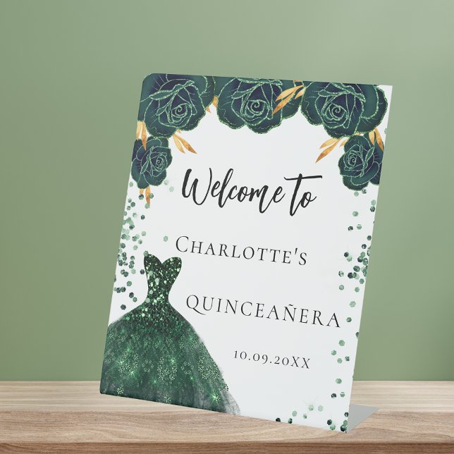 Quinceanera green dress flowers welcome pedestal sign (Creator Uploaded)