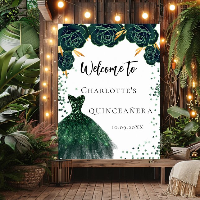 Quinceanera green dress flowers welcome poster (Creator Uploaded)