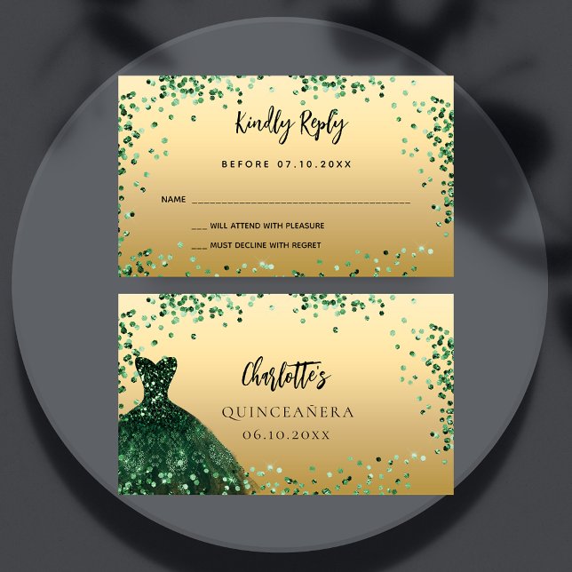 Quinceanera green dress gold RSVP card (Creator Uploaded)