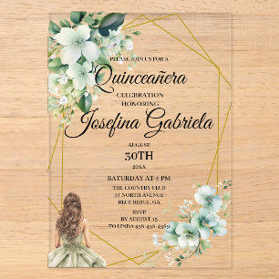 Quinceanera green floral acrylic invitations
