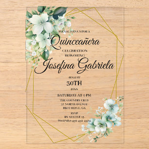Quinceanera green floral acrylic invitations