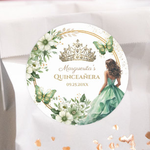 Quinceañera Green Floral Butterfly Gold Tiara  Classic Round Sticker