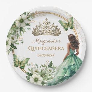 Quinceañera Green Floral Butterfly Gold Tiara Paper Plate