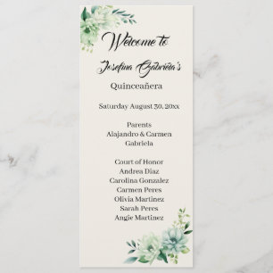 Quinceanera green floral double side program card 