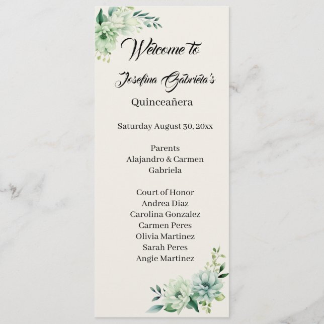 Quinceanera green floral double side program card  (Front)